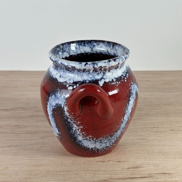 Studio Art Pottery Vase Two Handles Red Navy White Drip Glaze Splatter Squiggly - Picture 4 of 14